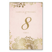 Gouden blush elegante kant trouwtafel kaart (Voorkant)