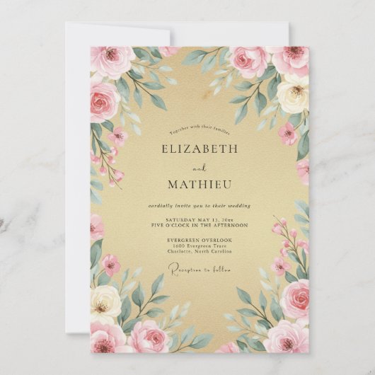 Gouden Blush Krans Bruiloft Kaart (Voorkant)