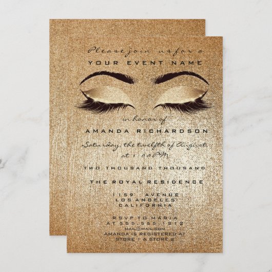 Gouden Blush Make-up Ogen Glitter 16e bruids Kaart (Voorkant / Achterkant)