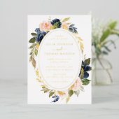Gouden Blush Navy bruiloft Bloemen Bloemen Folie Uitnodiging (Staand Voorkant)