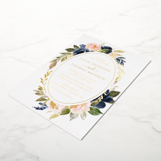 Gouden Blush Navy bruiloft Bloemen Bloemen Folie Uitnodiging (Gedraaid)