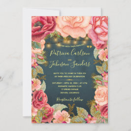 Gouden blush pioenen en lichten op marine bruiloft kaart