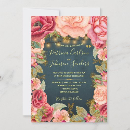 Gouden blush pioenen en lichten op marine bruiloft kaart (Voorkant)