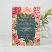 Gouden blush pioenen en lichten op marine bruiloft kaart (Staand voorkant)