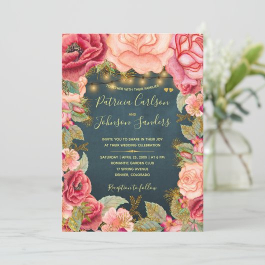 Gouden blush pioenen en lichten op marine bruiloft kaart (Staand voorkant)