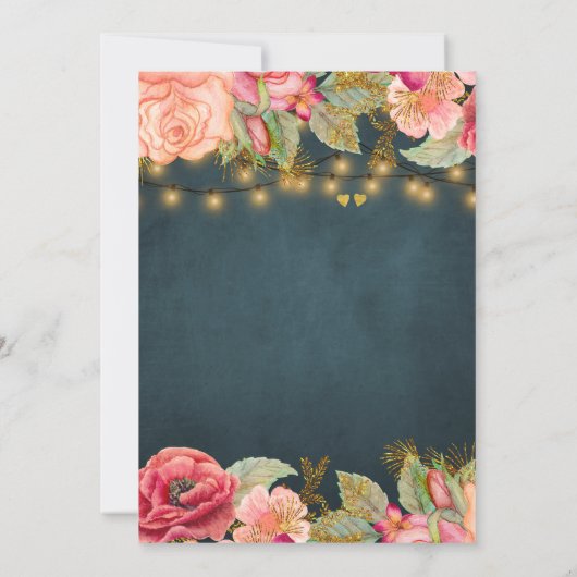 Gouden blush pioenen en lichten op marine bruiloft kaart (Achterkant)