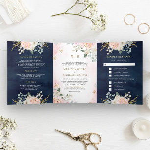 Gouden Blush Roze Bloem Allemaal in Eén Navy Huwel Drieluik Uitnodiging