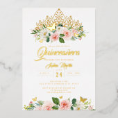 Gouden Blush Roze Bloem Vlinder Tiara Quinceanera Folie Uitnodiging (Voorkant)
