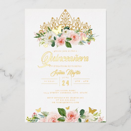 Gouden Blush Roze Bloem Vlinder Tiara Quinceanera Folie Uitnodiging (Voorkant)
