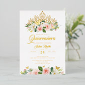 Gouden Blush Roze Bloem Vlinder Tiara Quinceanera Folie Uitnodiging (Staand Voorkant)