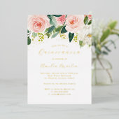 Gouden Blush Roze Bloemen Quinceanera Folie Uitnodiging (Staand Voorkant)