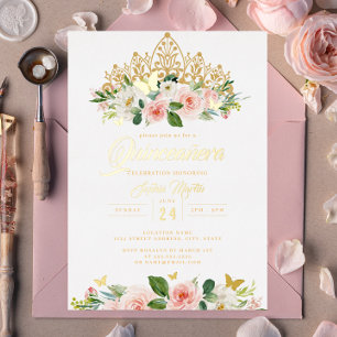 Gouden Blush Roze Bloemvlinder Tiara Quinceanera Folie Uitnodiging