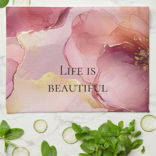 Gouden Blush Roze Bourgondië Bloemige Bruiloftsont Theedoek (Gevouwen)