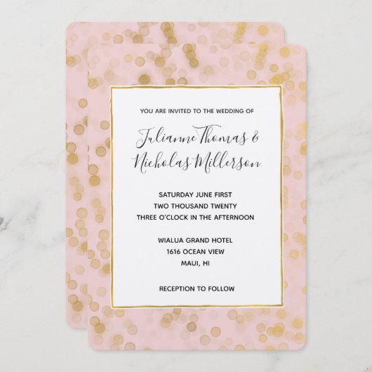 Gouden Blush Roze Confetti Bruiloft uitnodigt Kaart (Voorkant / Achterkant)