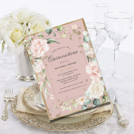 Gouden Blush Roze Elegante Bloemige Quinceañera Kaart