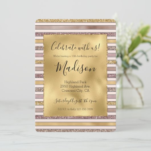 Gouden Blush Roze Glitter Glitzy Strepen Kaart (Staand voorkant)