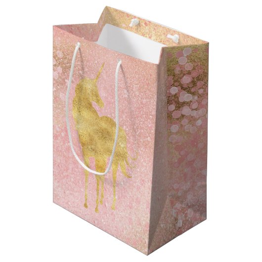 Gouden Blush Roze Magische Eenhoorn Medium Cadeauzakje (Voorkant Gekanteld)