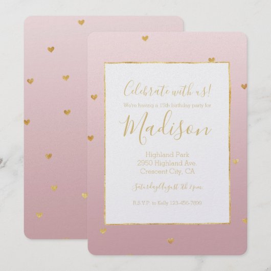 Gouden Blush Roze Ombre Harten Kaart (Voorkant / Achterkant)