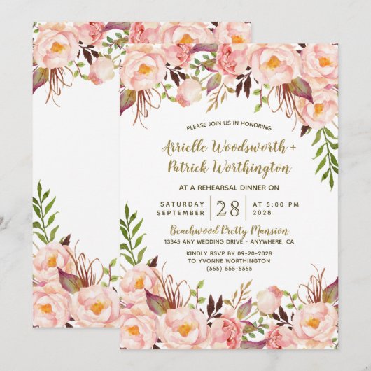 Gouden Blush Roze Pioen Repetitie Avontuur Diner Kaart (Voorkant / Achterkant)