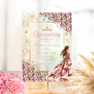 Gouden Blush Roze Rozen Quinceañera Acryl Uitnodigingen