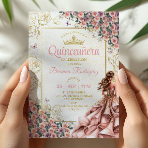 Gouden Blush Roze Rozen Quinceañera  Kaart