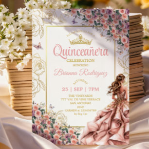 Gouden Blush Roze Rozen Quinceañera Kaart
