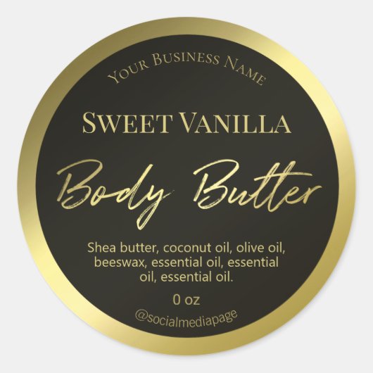 Gouden body butter tekst op zwart product label (Voorkant)