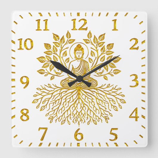 Gouden Boeddha omringd door Natuur. Vierkante Klok (Voorkant)