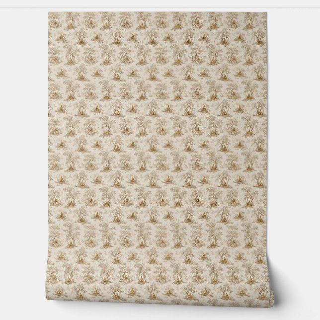 Gouden Boeddha Toile de Jouy Klassiek Patroon Behang (Afrollen)
