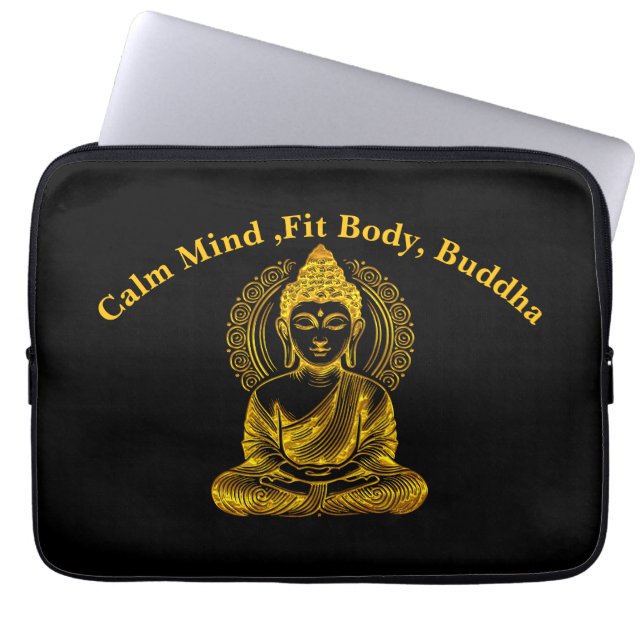 Gouden Boeddhabeeld in serene meditatiehouding Laptop Sleeve (Voorkant)