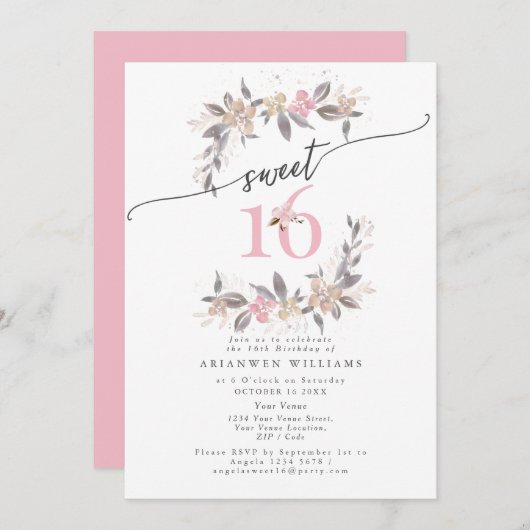 Gouden boeket Herfstruis roze Zoete 16 Uitnodiging (Voorkant / Achterkant)