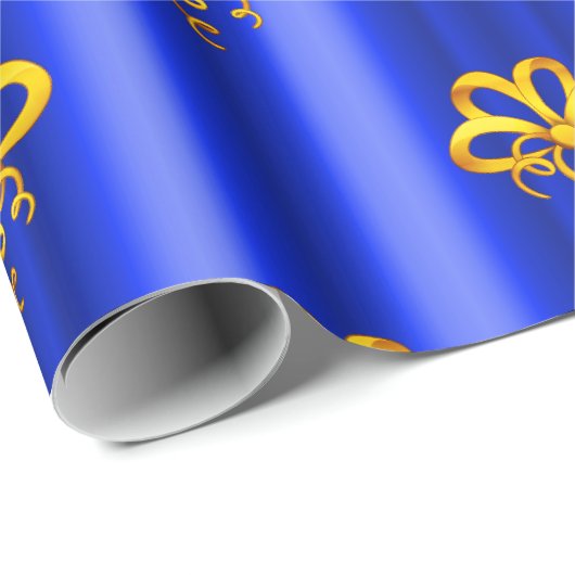 Gouden Bogen op Blauwe Kerstmis Cadeaupapier (Rol Hoek)