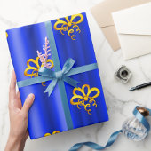 Gouden Bogen op Blauwe Kerstmis Cadeaupapier