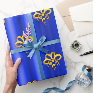 Gouden Bogen op Blauwe Kerstmis Cadeaupapier