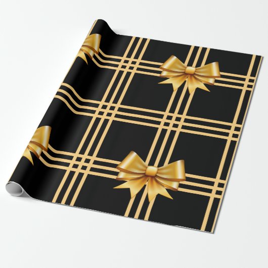 Gouden Bogen Op Zwarte Achtergrond Cadeaupapier (Uitgerold)