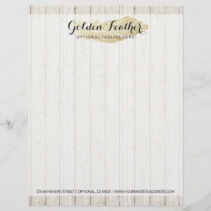 Gouden Boheemse Veer op Ruwhouten Planken Briefhoofd Sjabloon