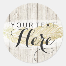 Gouden Boheemse Veer op Ruwhouten Planken Ronde Sticker
