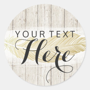 Gouden Boheemse Veer op Ruwhouten Planken Ronde Sticker