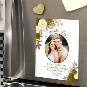 Gouden Boho Bloem & Foto Huwelijk Save the Date Magnetische Uitnodiging