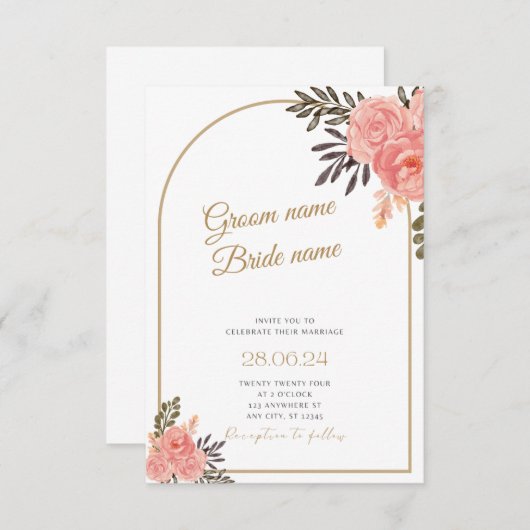 Gouden Boho Bloemrijke Boog Trouwkaart Informatiekaartje (Voorkant / Achterkant)