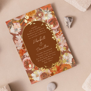Gouden Boho Terracotta Frame Krans Bloemrijke Over Folie Uitnodiging