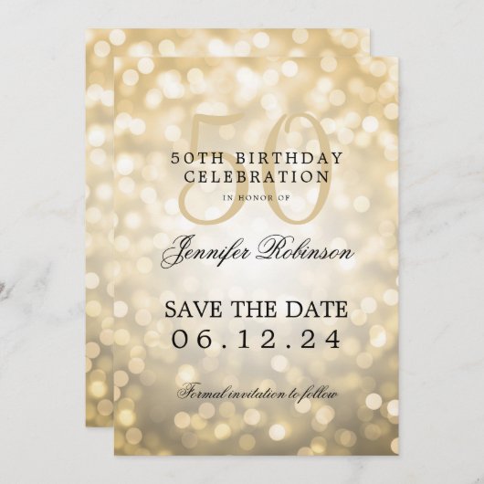 Gouden Bokeh 50e verjaardag Save the Date Kaart (Voorkant / Achterkant)