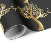 Gouden Bomen met Gouden Harten Bladeren op Zwart Cadeaupapier (Rol Hoek)