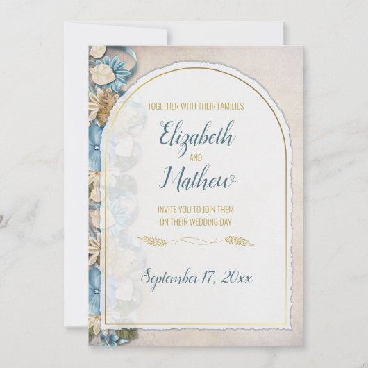 Gouden Boog Boho Script Blauwe Chinoiserie Bruilof Kaart (Voorkant)