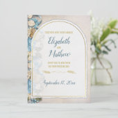 Gouden Boog Boho Script Blauwe Chinoiserie Bruilof Kaart (Staand voorkant)