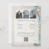 Gouden Boog Boho Script Blauwe Chinoiserie Bruilof Kaart (Achterkant)
