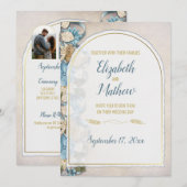 Gouden Boog Boho Script Blauwe Chinoiserie Bruilof Kaart (Voorkant / Achterkant)