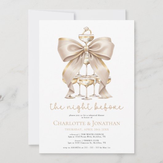 Gouden Boog en Champagne Coquette Repetitie Diner Kaart (Voorkant)