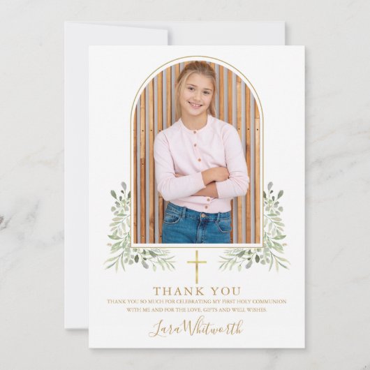 Gouden Boog Foto Groene Beplanting Eerste Heilige  Bedankkaart (Voorkant)