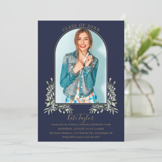 Gouden Boog Foto Navyblauw Loof Afstuderen Kaart (Staand voorkant)